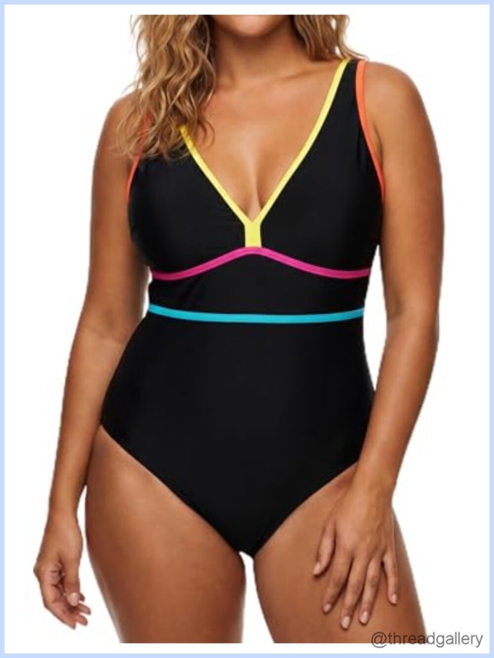 V-Neck Neon Color Block One Piece Swimsuit, U-Back Full Coverage, Stretch